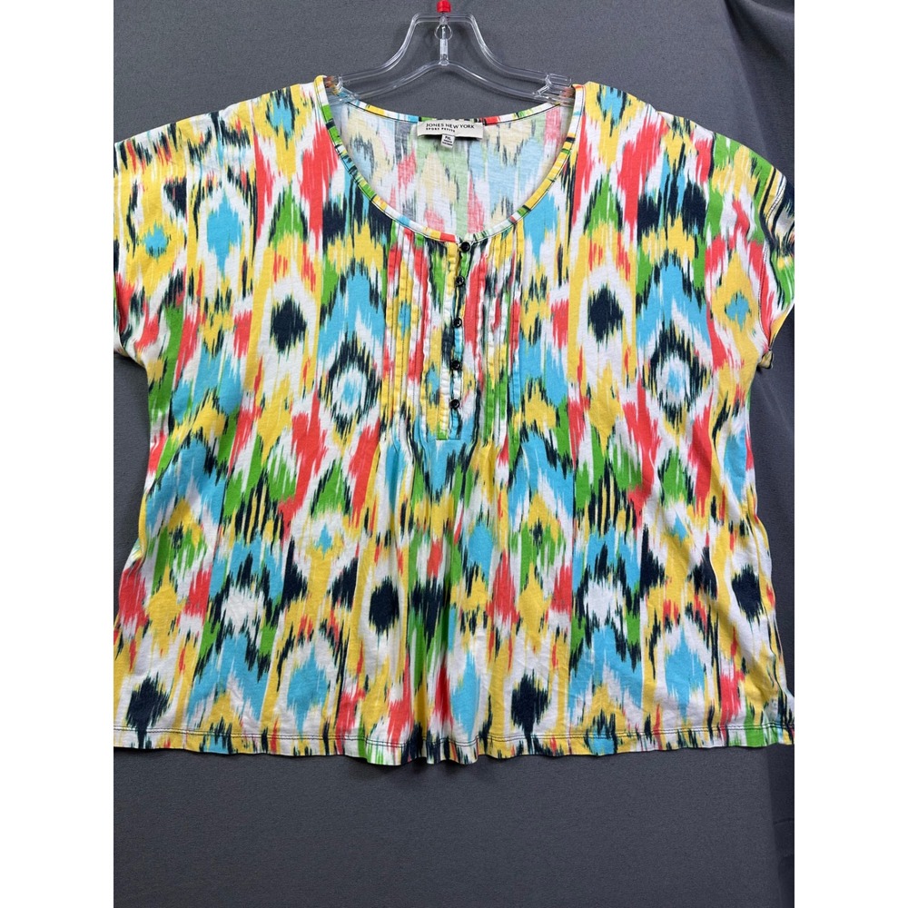 Jones New York Sport Petite PXL Multi Color Ikat Print Button Front Pleated Top